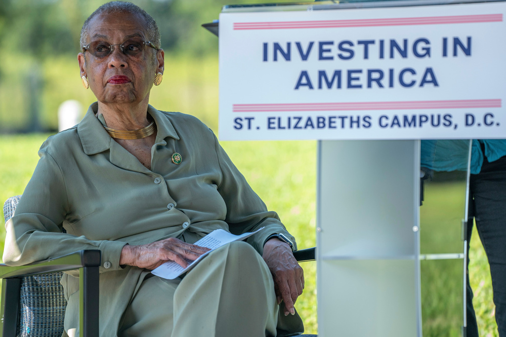 FILE - Del. Eleanor Holmes Norton, D-D.C., attends a news conference announcing investment of Inflation Reduction Act funds at the St. Elizabeth Department of Homeland Security campus Aug. 17, 2023, in Washington. (AP Photo/Nathan Howard, File)