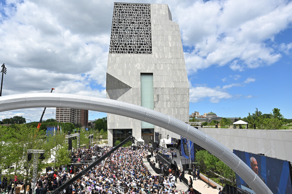 Former President Barack Obama speaks during the dedication ceremony for the Obama Presidential Center, Thursday, June 18, 2026, in Chicago. (AP Photo/Jon Cherry)