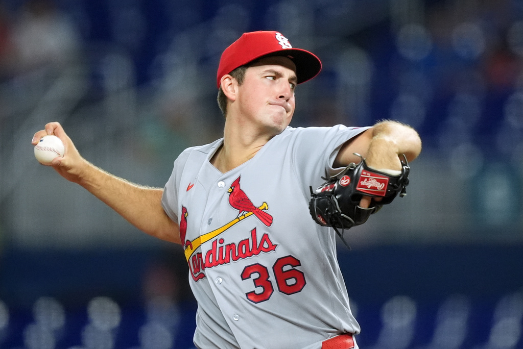 St. Louis Cardinals starting pitcher Michael McGreevy (36) pitches during the second inning of a baseball game against the Miami Marlins, Monday, April 20, 2026, in Miami. (AP Photo/Rebecca Blackwell)