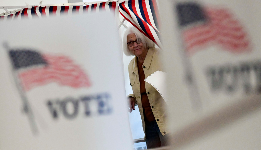 Peggy Jacobs of Chesterfield, N.H., leaves the voting booth in Chesterfield during the New Hampshire State Primaries on Tuesday, Sept. 8, 2026. (Kristopher Radder/The Brattleboro Reformer via AP)
