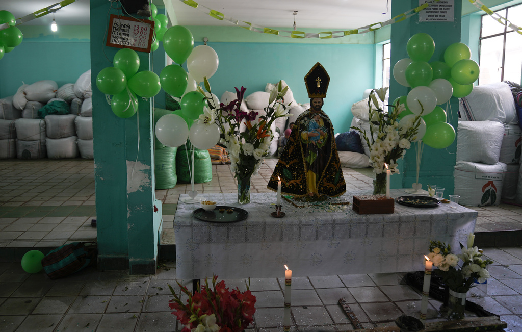 FILE - A statue of St. Joseph, flowers and balloons adorn an altar inside a legal coca leaf market marking the National Day of Chewing Coca Leaf, in La Paz, Bolivia, March 19, 2022. (AP Photo/Juan Karita, File)