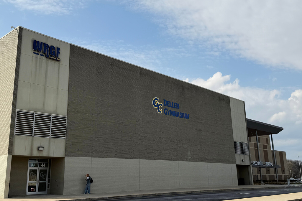 Greenfield Central High School's gymnasium, where UConn's Braylon Mullins attended, is shown, Monday, March 30, 2026, in Greenfield, Ind. (AP Photo/Mike Marot)