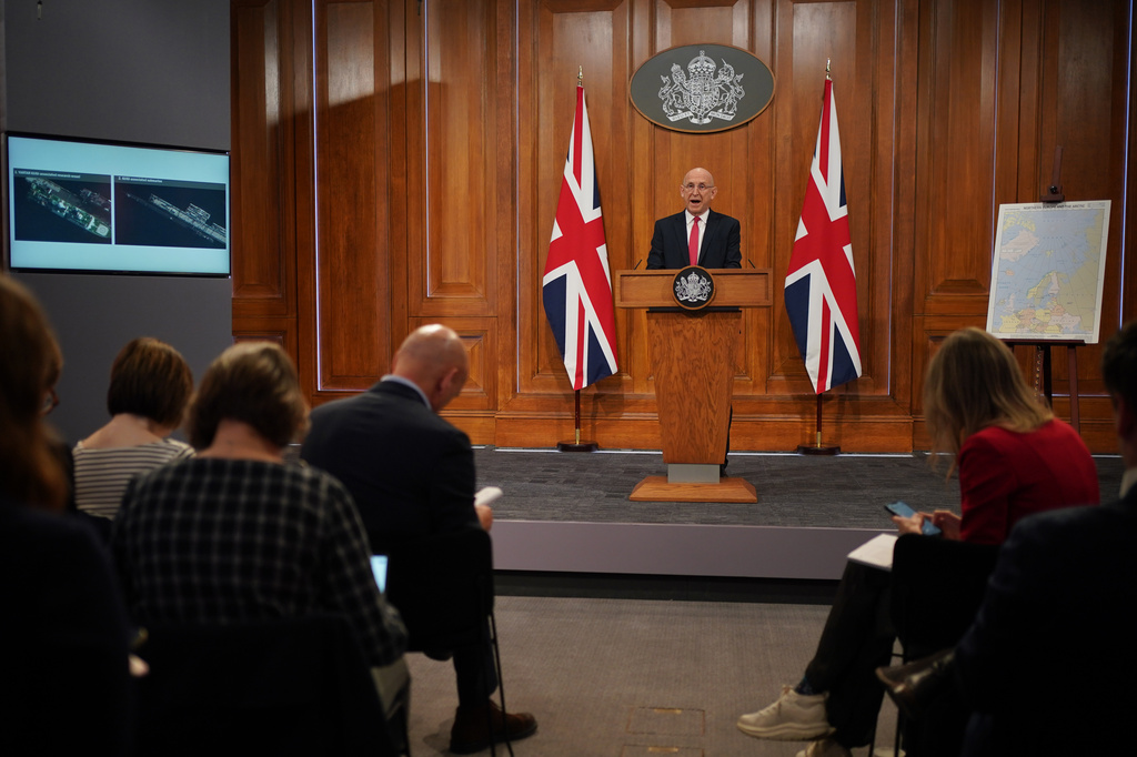 Britain's Defence Secretary John Healey delivers a statement on recent UK operational activity at 9 Downing Street in Westminster, central London, Thursday April 9, 2026. (Yui Mok/Pool Photo via AP)