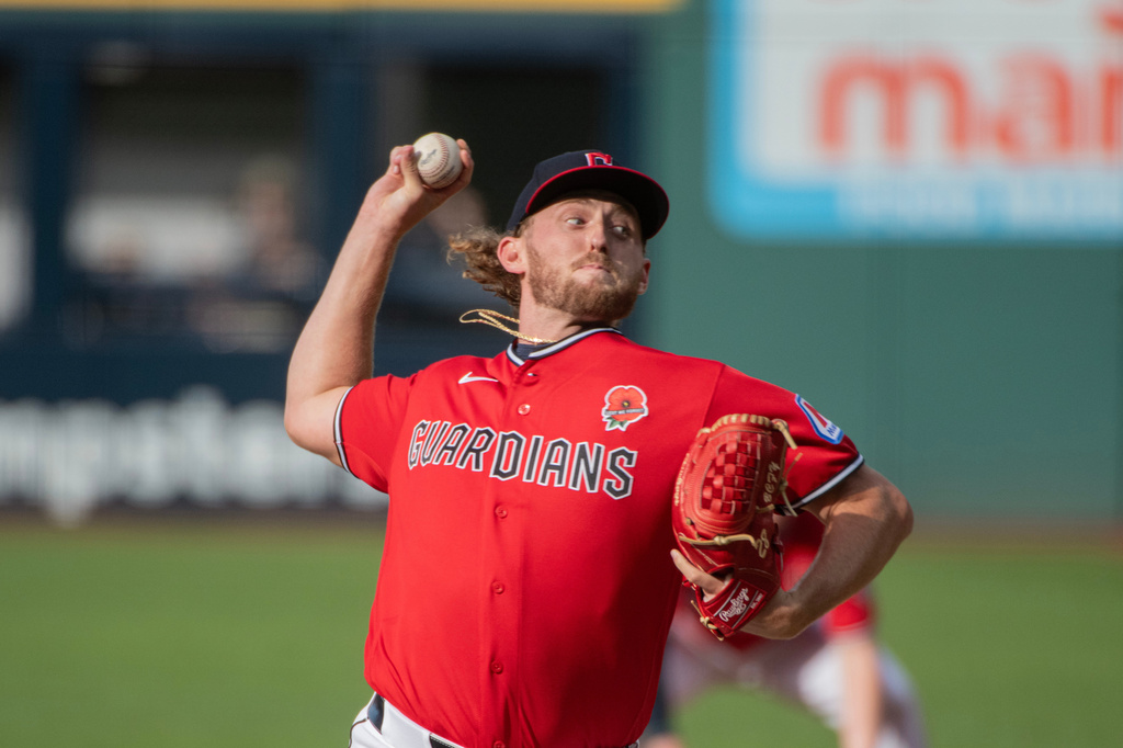 Cleveland Guardians starting pitcher Tanner Bibee delivers against the Washington Nationals during the first inning of a baseball game, Monday, May 25, 2026, in Cleveland. (AP Photo/Phil Long)