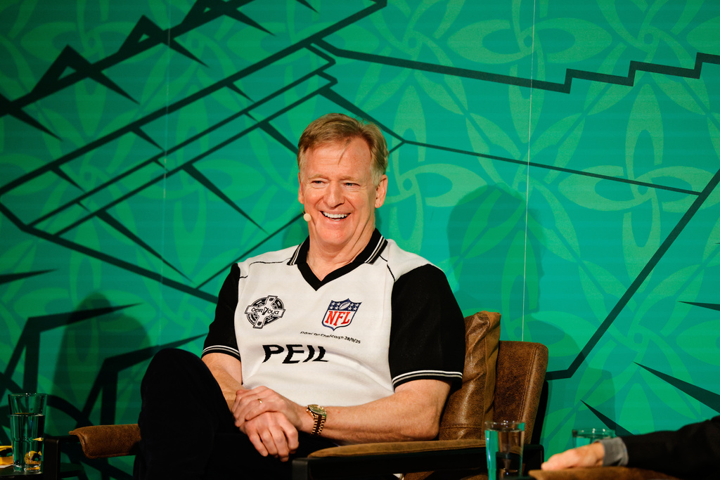 NFL Commissioner Roger Goodell answers questions on stage during NFL Live at Whelan's pub, Saturday, Sept. 27, 2025 in Dublin, Ireland. (Greg Payan/AP Content Services for the NFL via AP)