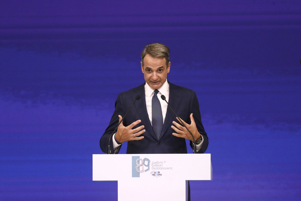 Greece's Prime Minister Kyriakos Mitsotakis delivers a speech during Thessaloniki's international trade fair, at the northern city of Thessaloniki, Greece, Saturday, Sept. 6, 2025. (AP Photo/Giannis Papanikos)