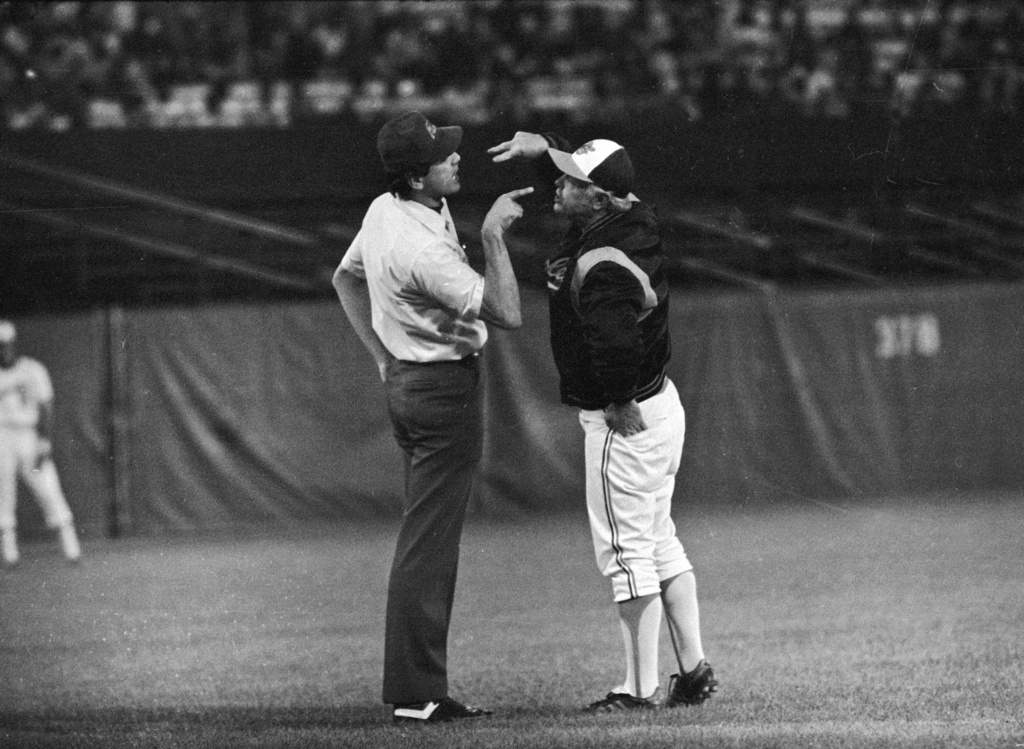 FILE - In this Aug. 16, 1979 file photo, Baltimore Orioles manager Earl Weaver argues with third base umpire Steve Palermo, after Palermo ejected him during the second inning of a baseball game against the Kansas City Royals, in Baltimore. (AP Photo/File)
