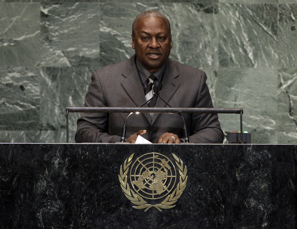 FILE -Ghana's President John Mahama addresses the high level meeting on rule of law in the United Nations General Assembly at U.N. headquarters, Sept. 24, 2012. (AP Photo/Richard Drew, File)