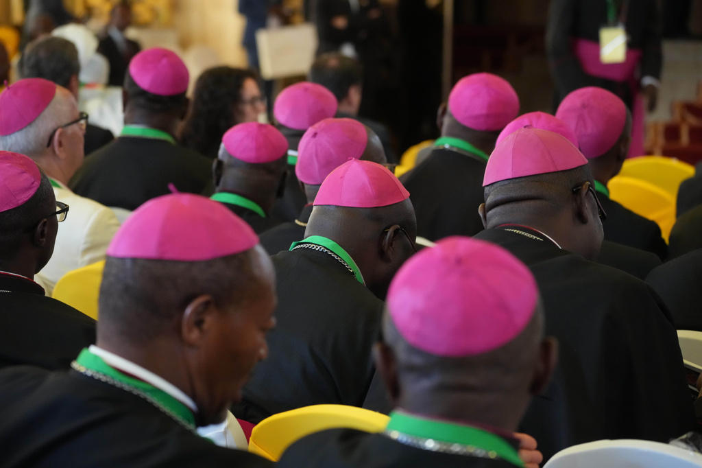 Bishops wait for the start of Pope Leo XIV's meeting with the authorities, civil society and the diplomatic corps in Yaounde Cameroon, Wednesday, April 15, 2026, on the third day of an 11-day apostolic journey to Africa. (AP Photo/Andrew Medichini)