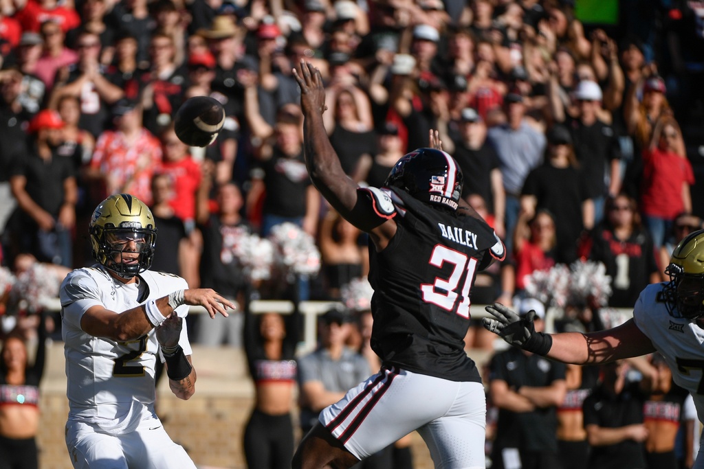 Central Florida quarterback Tayven Jackson (2) attempts to throw a pass while Texas Tech linebacker David Bailey (31) defends during the first half of an NCAA college football game Saturday, Nov. 15, 2025, in Lubbock, Texas. (AP Photo/Justin Rex)