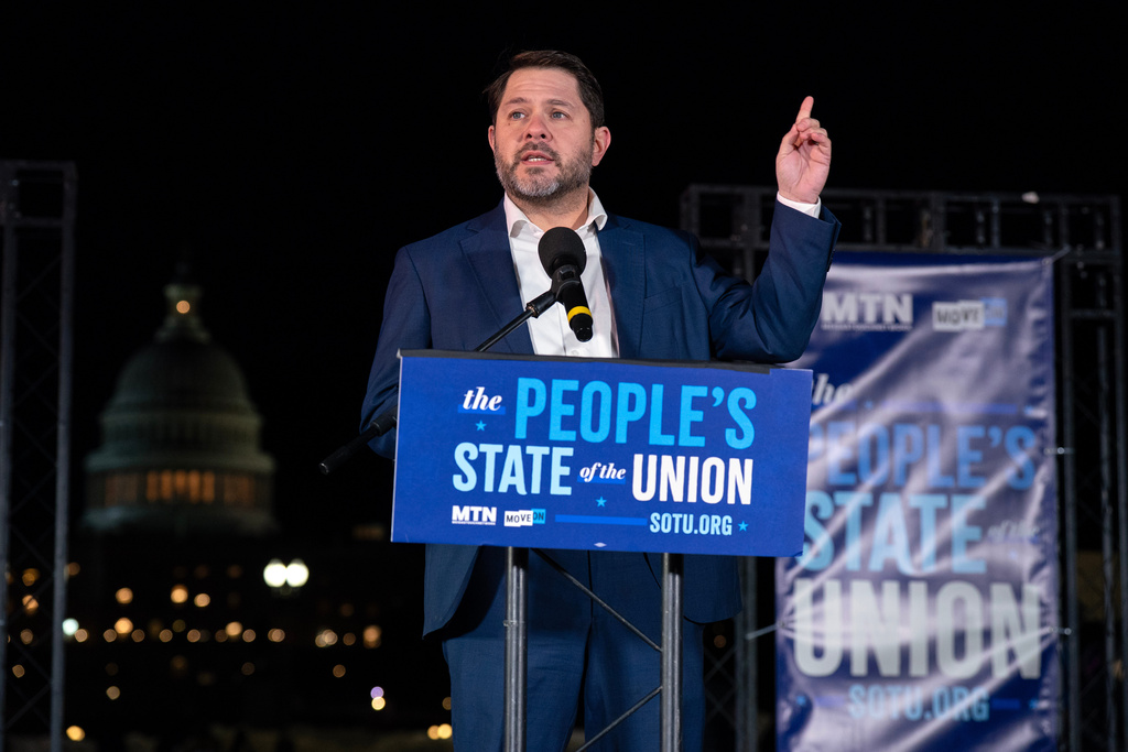 FILE - Sen. Ruben Gallego D-Ariz., speaks during the "People's State of the Union" rally outside of the U.S. Capitol Feb. 24, 2026, in Washington. (AP Photo/Jose Luis Magana, File)