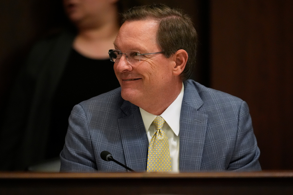 House Speaker Cameron Sexton, R-Crossville, smiles after a House committee meeting during a special session of the state legislature to redraw U.S. Congressional voting maps Wednesday, May 6, 2026, in Nashville, Tenn. (AP Photo/George Walker IV)