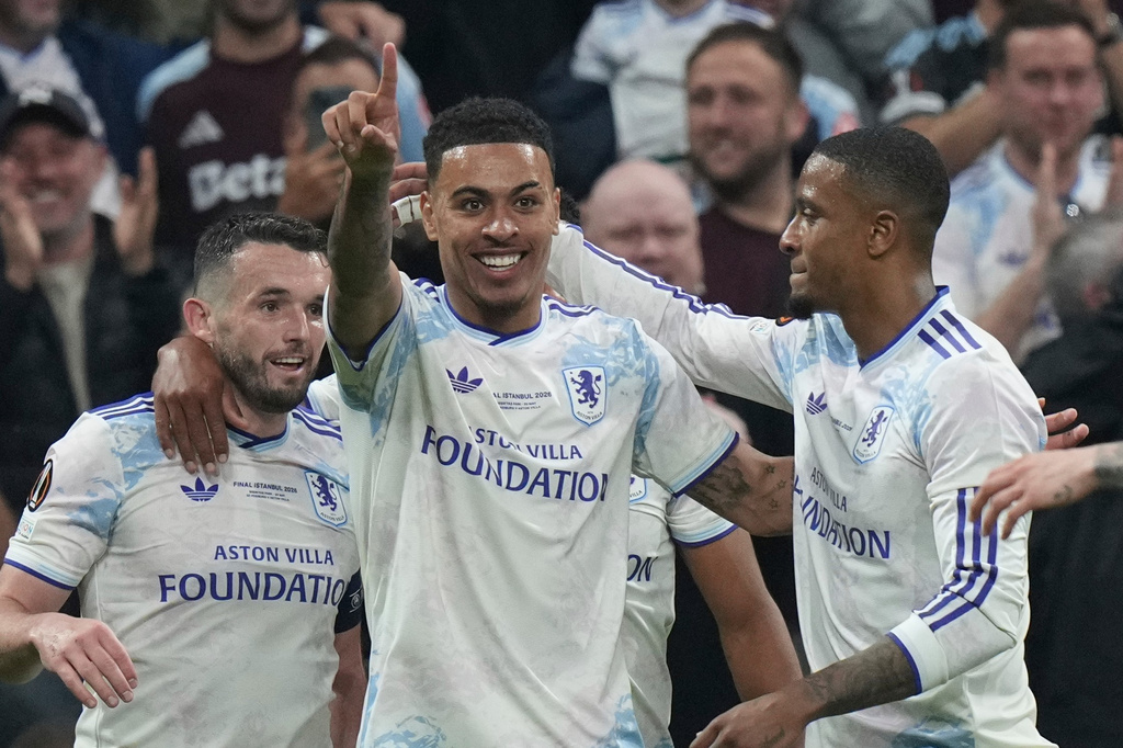 Aston Villa's Morgan Rogers celebrates after scoring his side's third goal during the Europa League final soccer match between Freiburg and Aston Villa in Istanbul, Turkey, Wednesday, May 20, 2026. (AP Photo/Francisco Seco)