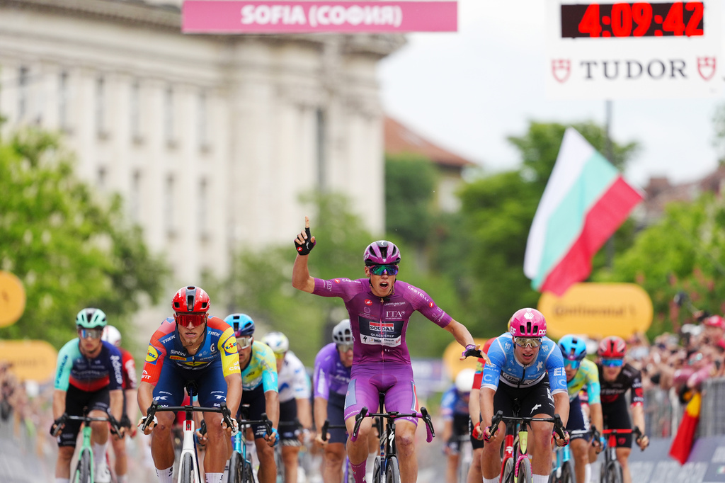 France's Paul Magnier wins the third stage of the Giro d'Italia cycling race, from Plovdiv to Sofia, Bulgaria, Sunday, May 10, 2026. (Massimo Paolone /LaPresse via AP)