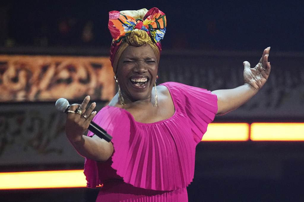 Cuba's Zulema Iglesias Salazar performs the song "Guaguanco" at the International Music Competition "Intervision" at the Live Arena outside Moscow, Russia, Saturday, Sept. 20, 2025. (AP Photo/Alexander Zemlianichenko)