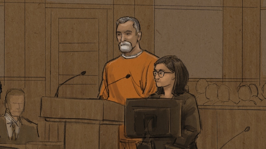 This courtroom sketch shows Vance Boelter, who is charged with killing the top Democrat in the Minnesota House and her husband, and wounding a state senator and his wife, appears at federal court in Minneapolis, Thursday, Aug. 7, 2025. (Cedric Hohnstadt via AP)