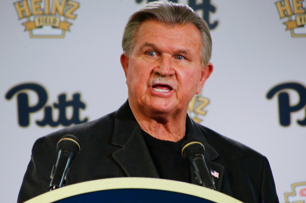 FILE - Former NFL coach and University of Pittsburgh alumnus, Mike Ditka speaks at a news conference for the retirement of the No. 75 jersey for former Pittsburgh offensive lineman Jim Covert before an NCAA football game between the Pittsburgh and the Notre Dame, Saturday, Nov. 7, 2015 in Pittsburgh. (AP Photo/Keith Srakocic, File)