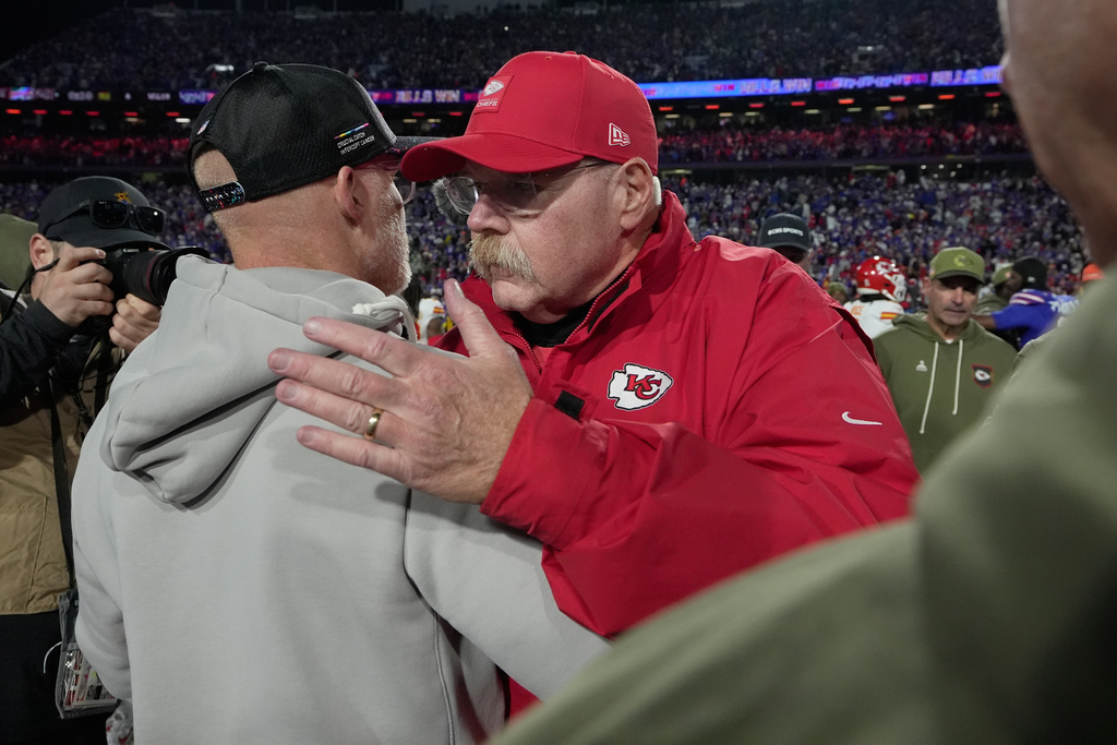 Buffalo Bills head coach Sean McDermott, left, and Kansas City Chiefs head coach Andy Reid hug following an NFL football game Sunday, Nov. 2, 2025, in Orchard Park. N.Y. (AP Photo/Sue Ogrocki)