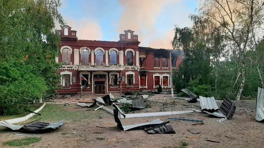 This photo released by Moscow-appointed head of Russian-controlled Luhansk region Leonid Pasechnik Telegram channel on Friday, May 22, 2026, shows a university college building damaged by Ukrainian drones in Starobilsk, Ukraine. (Head of Russian-controlled Luhansk region Leonid Pasechnik Telegram channel via AP)
