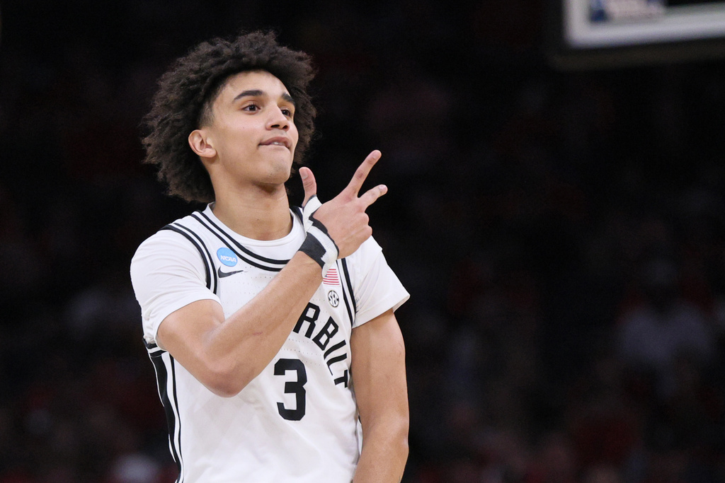Vanderbilt guard Tyler Tanner gestures after making a 3-point basket during the second half against McNeese in the first round of the NCAA college basketball tournament, Thursday, March 19, 2026, in Oklahoma City. (AP Photo/Nate Billings)