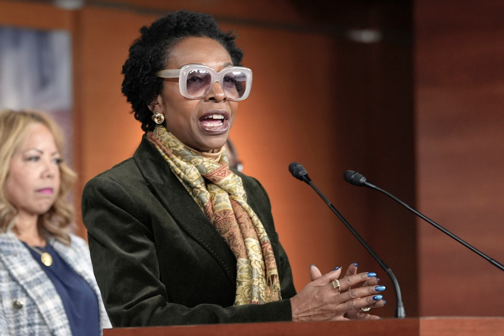 FILE - Incoming Congressional Black Caucus chair Yvette Clarke, D-N.Y., discusses caucus priorities for the 119th Congress and the Trump administration, Dec. 4, 2024, on Capitol Hill in Washington. (AP Photo/Mariam Zuhaib, File)