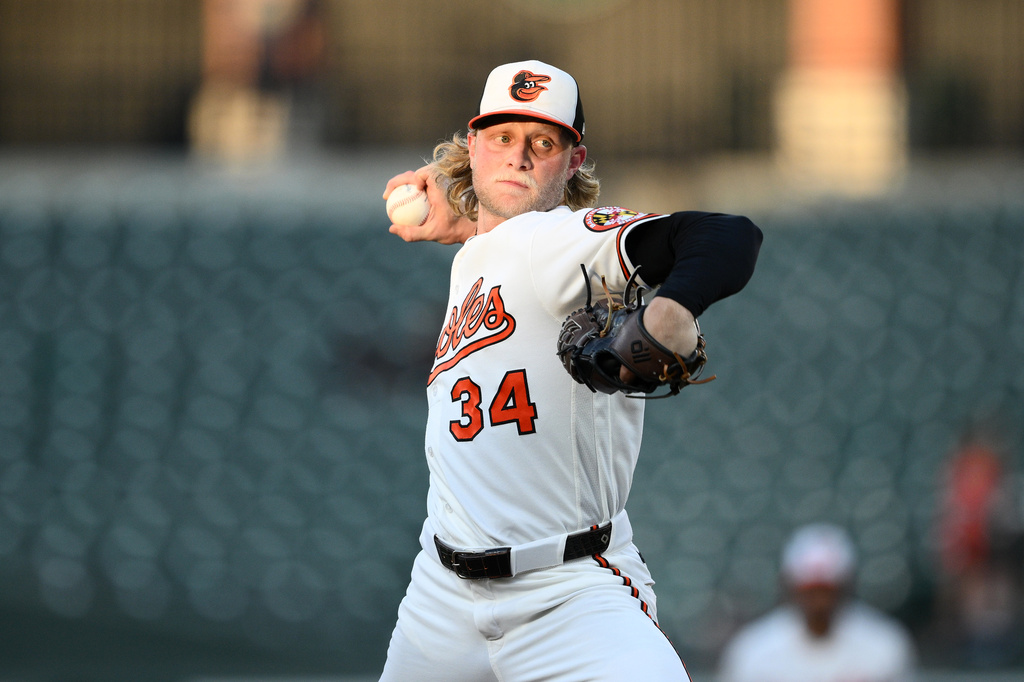 Baltimore Orioles pitcher Shane Baz throws during the first inning of a baseball game against the Cleveland Guardians, Wednesday, Sept. 9, 2026, in Baltimore. (AP Photo/Nick Wass)