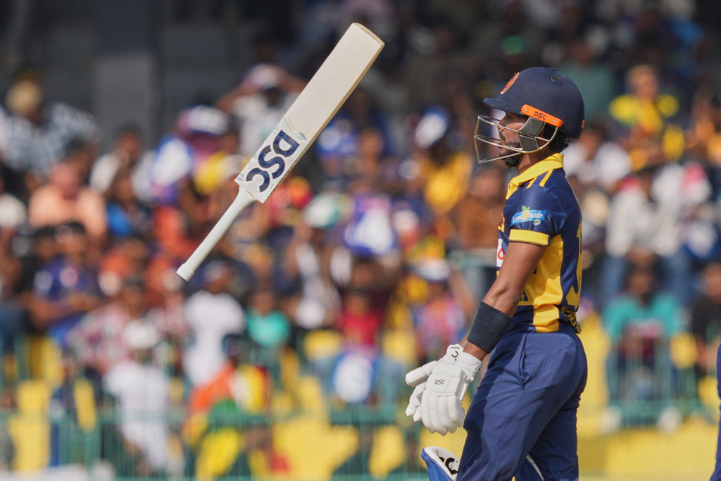 Sri Lanka's Pathum Nissanka leaves the ground after losing his wicket during the second ODI cricket match between England and Sri Lanka in Colombo, Sri Lanka, Saturday, Jan, 24, 2026. (AP Photo/Eranga Jayawardena)