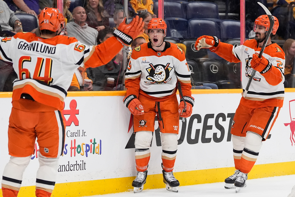 Anaheim Ducks right wing Troy Terry (19) celebrates his goal with center Mikael Granlund (64) and left wing Chris Kreider, right, during the third period of an NHL hockey game Thursday, April 16, 2026, in Nashville, Tenn. (AP Photo/George Walker IV)