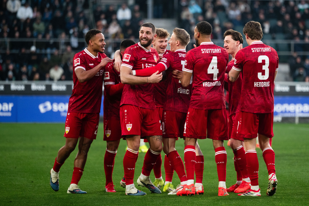 Stuttgart players celebrate a goal during the Bundesliga soccer match between Borussia Mönchengladbach and VfB Stuttgart in Mönchengladbach, Germany, Sunday Jan. 25, 2026. (Marius Becker/dpa via AP)
