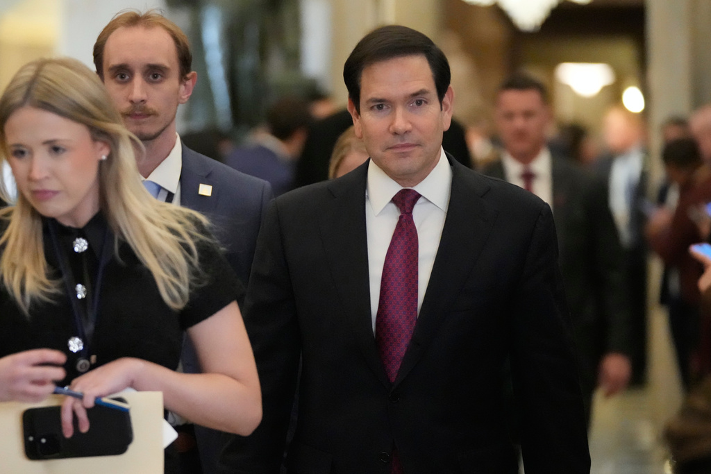 Secretary of State Marco Rubio arrives before President Donald Trump delivers the State of the Union address to a joint session of Congress in the House chamber at the U.S. Capitol in Washington, Tuesday, Feb. 24, 2026. (AP Photo/Mark Schiefelbein)