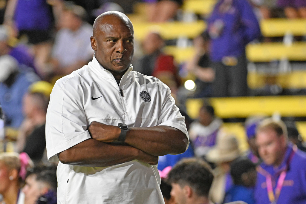LSU executive deputy director of athletics Verge Ausberry walks the sideline during the second half of an NCAA college football game against Texas A&M, Saturday, Oct. 25, 2025, in Baton Rouge, La. (Hilary Scheinuk/The Advocate via AP)