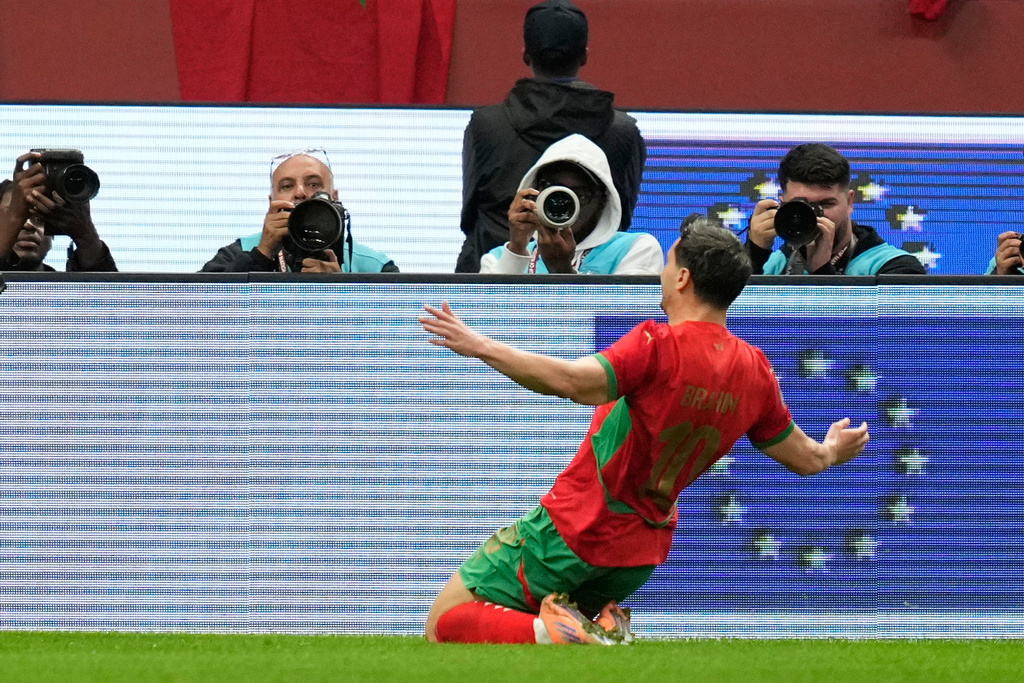 Morocco's Brahim Abdelkader Diaz celebrates after scoring the opening goal during the Africa Cup of Nations round of 16 soccer match between Morocco and Tanzania in Rabat, Morocco, Sunday, Jan. 4, 2026. (AP Photo/Mosa'ab Elshamy)