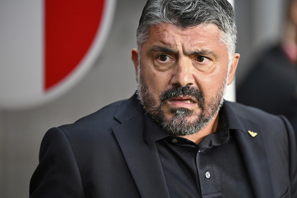 Italy's head coach Gennaro Gattuso waits for the start of a Group I, World Cup qualifier soccer match between Israel and Italy at the Nagyerdei Stadium in Debrecen, Hungary, Monday, Sept. 8, 2025. (AP Photo/Denes Erdos)