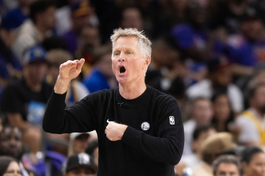 Golden State Warriors Head Coach Steve Kerr is seen during the first half of his NBA play-in tournament game against the Phoenix Suns in Phoenix, Ariz., Friday, April 17, 2026. (Stephen Lam/San Francisco Chronicle via AP)