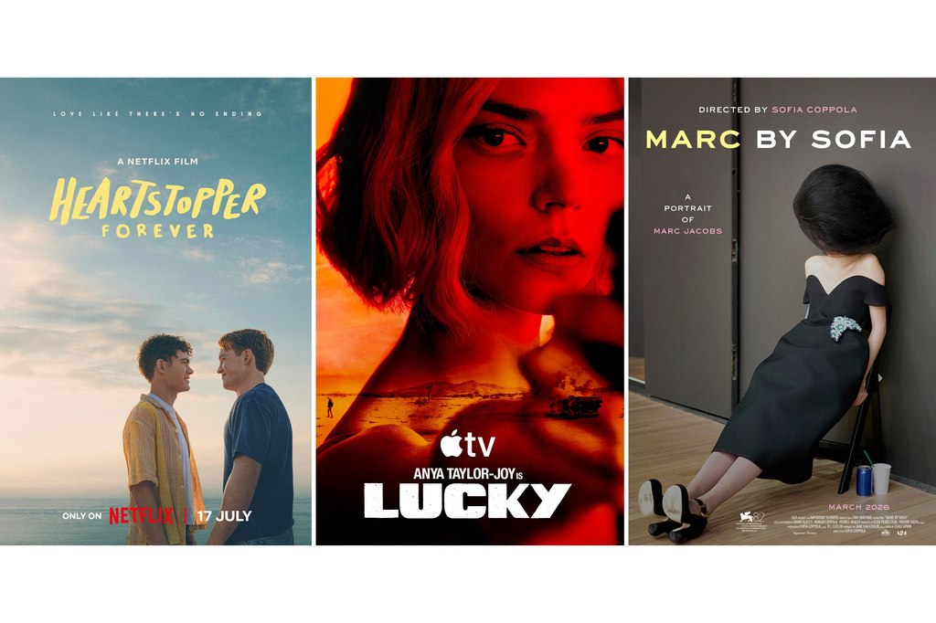 This combination of images show promotional art for "Heartstopper Forever," left, "Lucky," center, and "Marc By Sofia." (Netflix/Apple TV/A24 via AP)