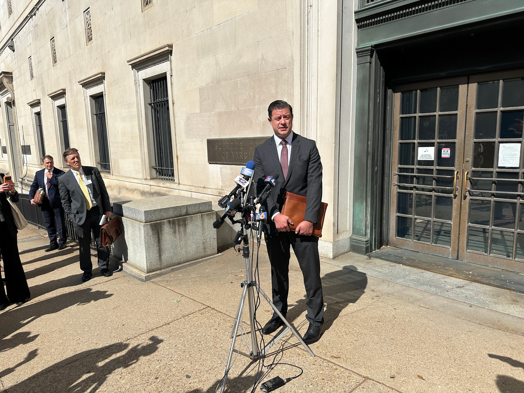 Attorney Matthew Seligman, representing Democratic state legislators, speaks with the media following a hearing on new congressional maps before the state Supreme Court in Richmond, Va., on Monday, April 27, 2026. (AP Photo/Allen G. Breed)