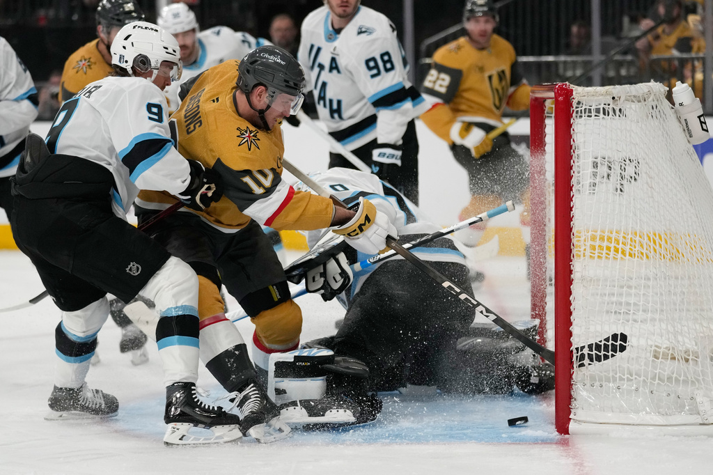 Vegas Golden Knights center Colton Sissons (10) scores against Utah Mammoth goaltender Karel Vejmelka (70) during the second period in Game 1 of a first-round NHL hockey Stanley Cup playoff series Sunday, April 19, 2026, in Las Vegas. (AP Photo/John Locher)