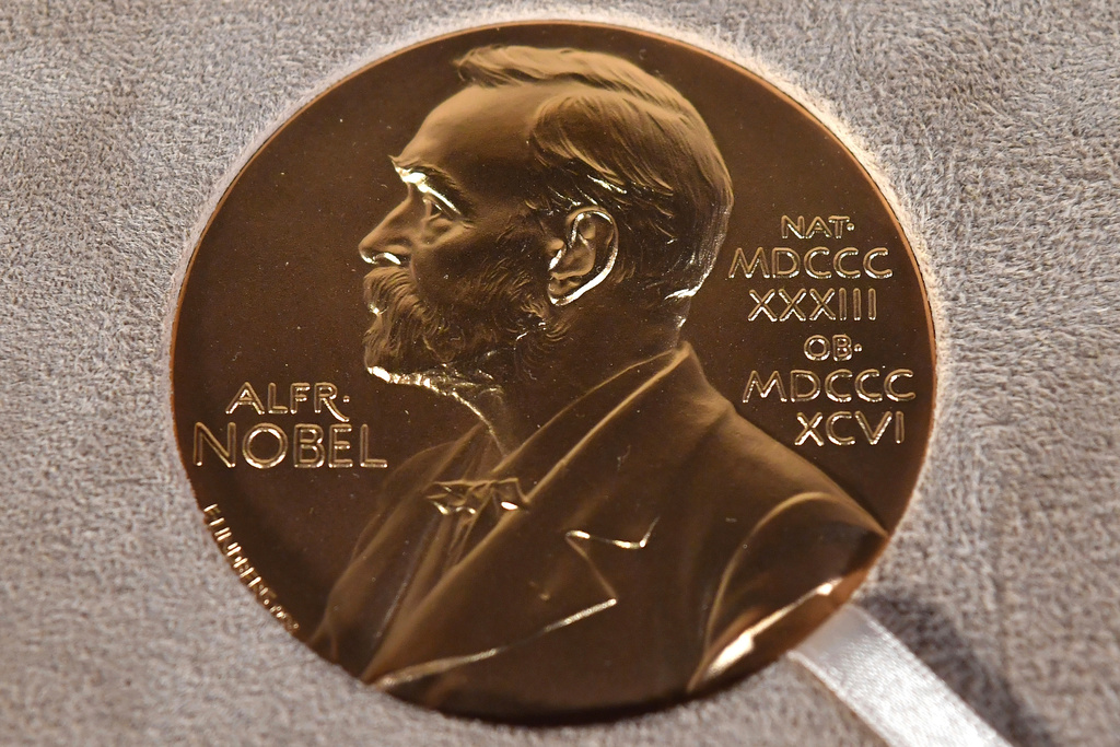 FILE - The Nobel medal in physiology or medicine presented to Charles M. Rice is displayed, Tuesday, Dec. 8, 2020, during a ceremony in New York. (Angela Weiss/Pool Photo via AP, File)
