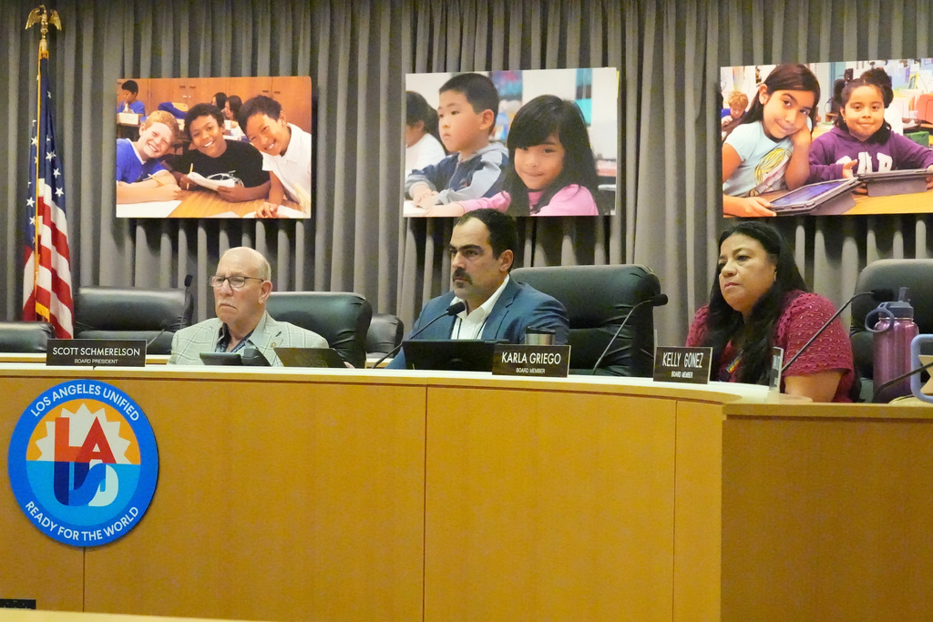 Los Angeles Unified School District board members, from left, President Scott Schmerelson, Executive Officer of the Board of Education Michael McLean, and Karla Griego listen to public comments during a meeting at LAUSD headquarters before a special closed session with LAUSD Superintendent Alberto Carvalho, Thursday, Feb. 26, 2026, in Los Angeles. (AP Photo/Damian Dovarganes)