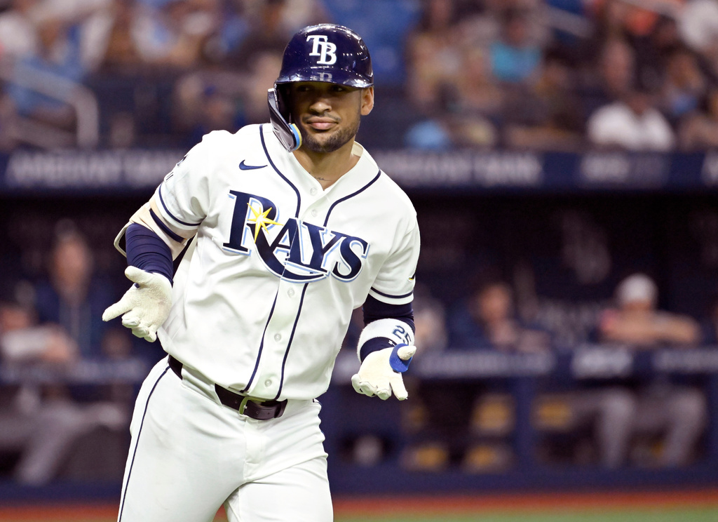 Tampa Bay Rays' Victor Mesa Jr. reacts to his home run during the fifth inning of a baseball game against the Seattle Mariners Friday, July 10, 2026, in St. Petersburg, Fla. (AP Photo/Jason Behnken)