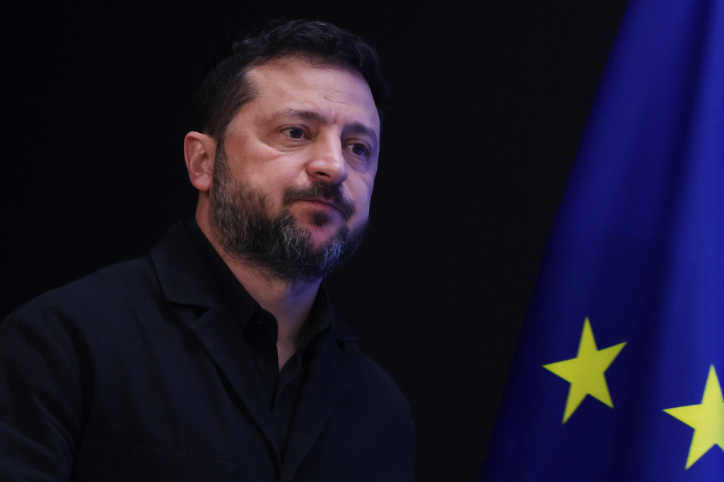 Ukraine's President Volodymyr Zelenskyy arrives for a media conference at the EU summit in Brussels, Friday, Oct. 16, 2026. (AP Photo/Omar Havana)