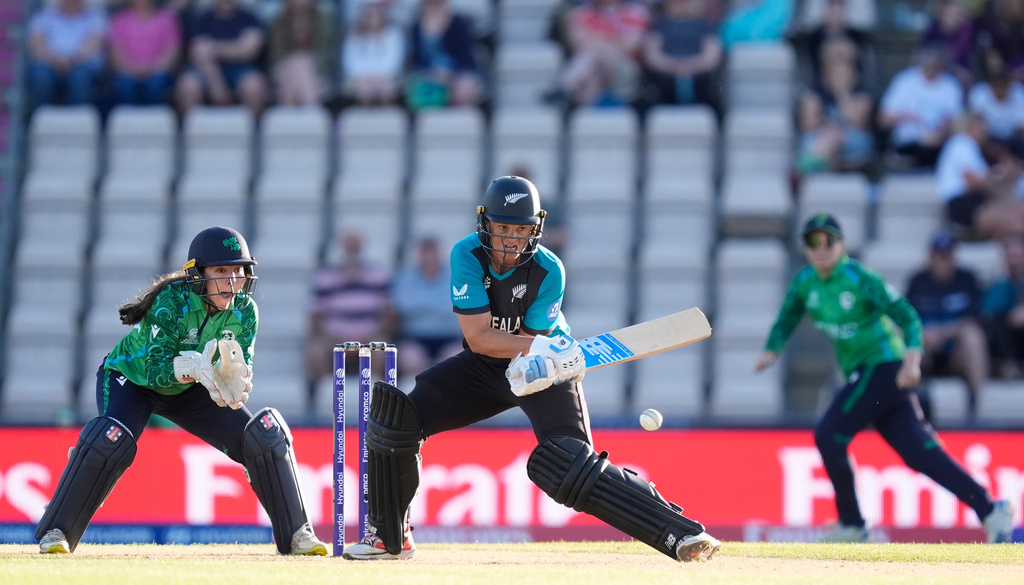 New Zealand's Suzie Bates bats during the ICC Women's T20 World Cup match between Ireland and New Zealand in Southampton, England, Friday, June 19, 2026. (Andrew Matthews/PA via AP)