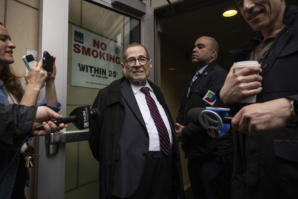 FILE - Rep. Jerrold Nadler, D-N.Y., speaks to members of media outside Greater New York Federal Building on May 28, 2025, in New York. (AP Photo/Yuki Iwamura, File)