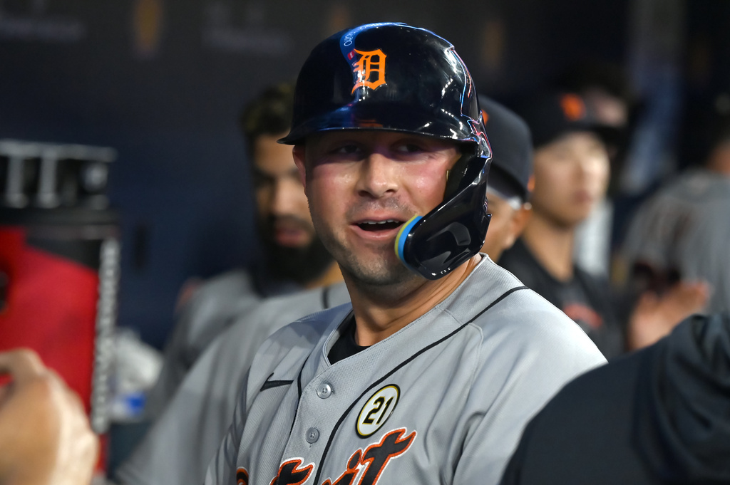 Detroit Tigers' Spencer Torkelson (20) celebrates his three-run home run against the Toronto Blue Jays during fourth inning of a baseball game in Toronto, Tuesday, Sept. 15, 2026. (Jon Blacker/The Canadian Press via AP)