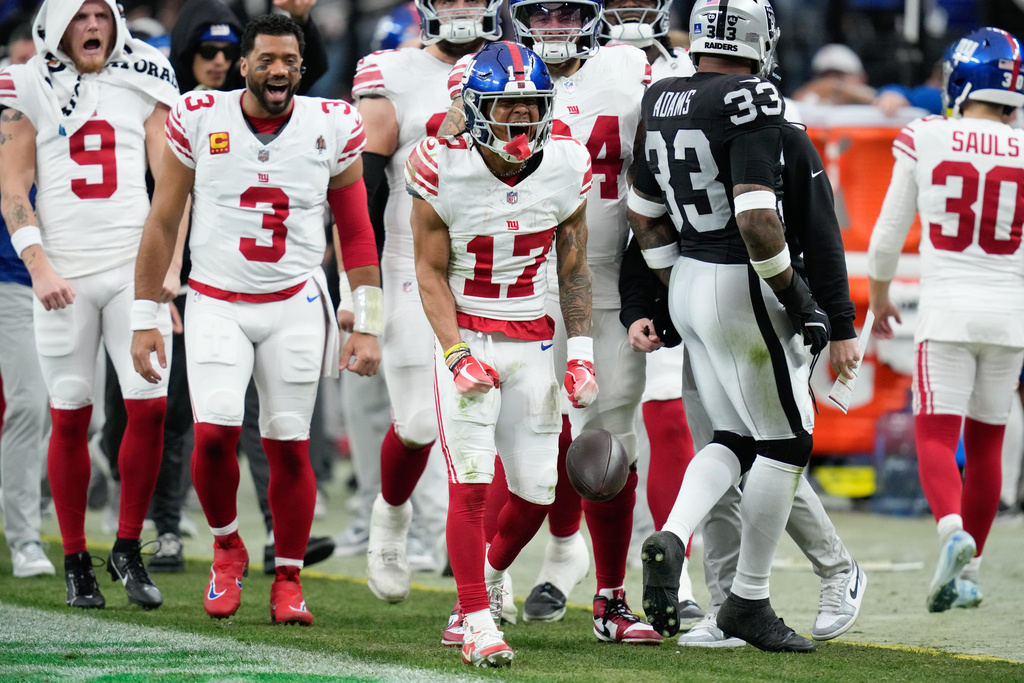 New York Giants wide receiver Wan'Dale Robinson (17) reacts to a play during the first half of an NFL football game against the Las Vegas Raiders Sunday, Dec. 28, 2025, in Las Vegas. (AP Photo/John Locher)