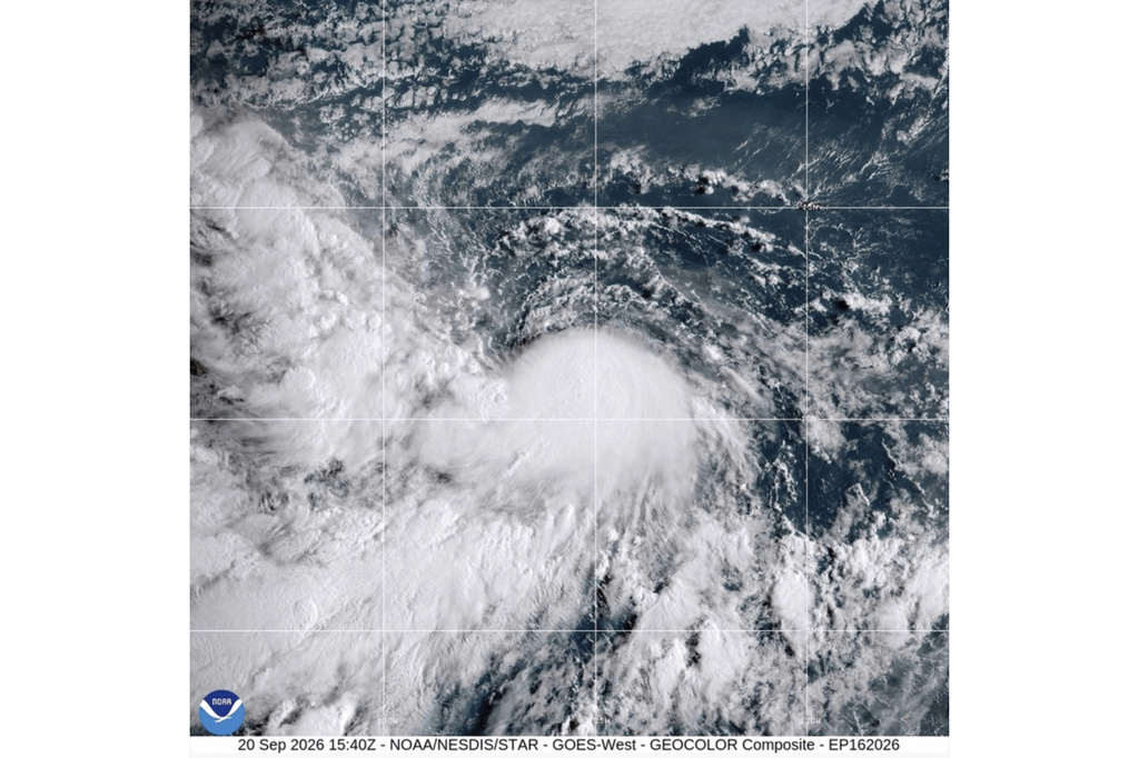 This satellite image from the National Oceanic and Atmospheric Administration shows Tropical Storm Odalys, Sunday, Sept. 20, 2026. (NOAA via AP)