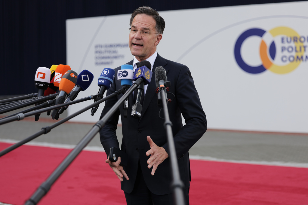NATO Secretary General Mark Rutte speaks with the media as he arrives for a meeting of the European Political Community in Yerevan, Armenia, Monday, May 4, 2026. (AP Photo/Anthony Pizzoferrato)