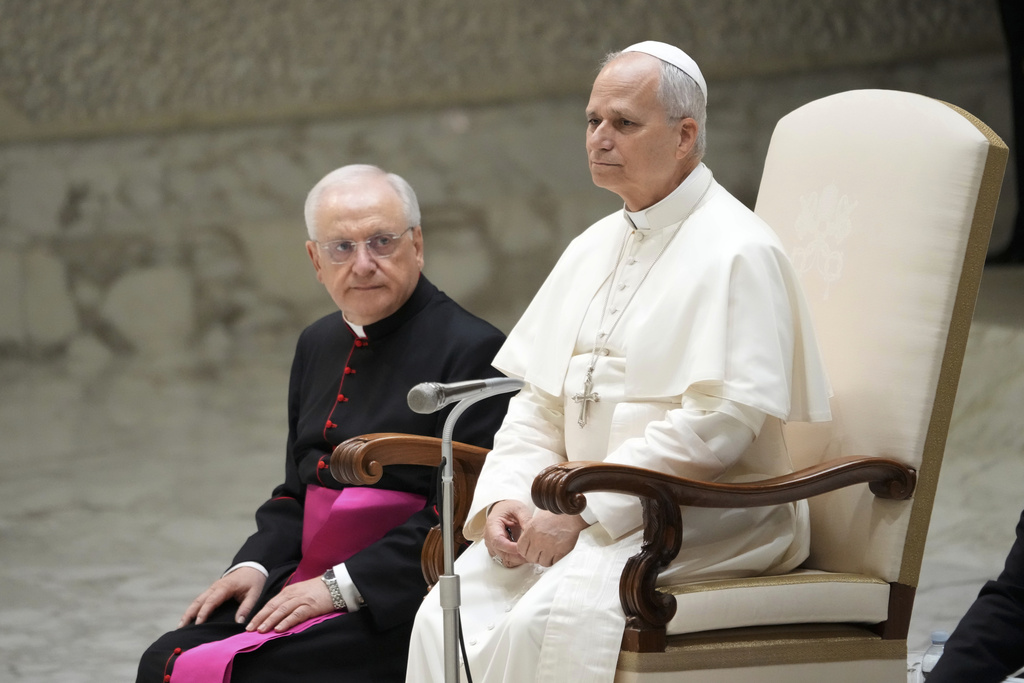 Pope Leo XIV holds his weekly general audience, at The Vatican, Wednesday, Aug.20, 2025. (AP Photo/Gregorio Borgia)