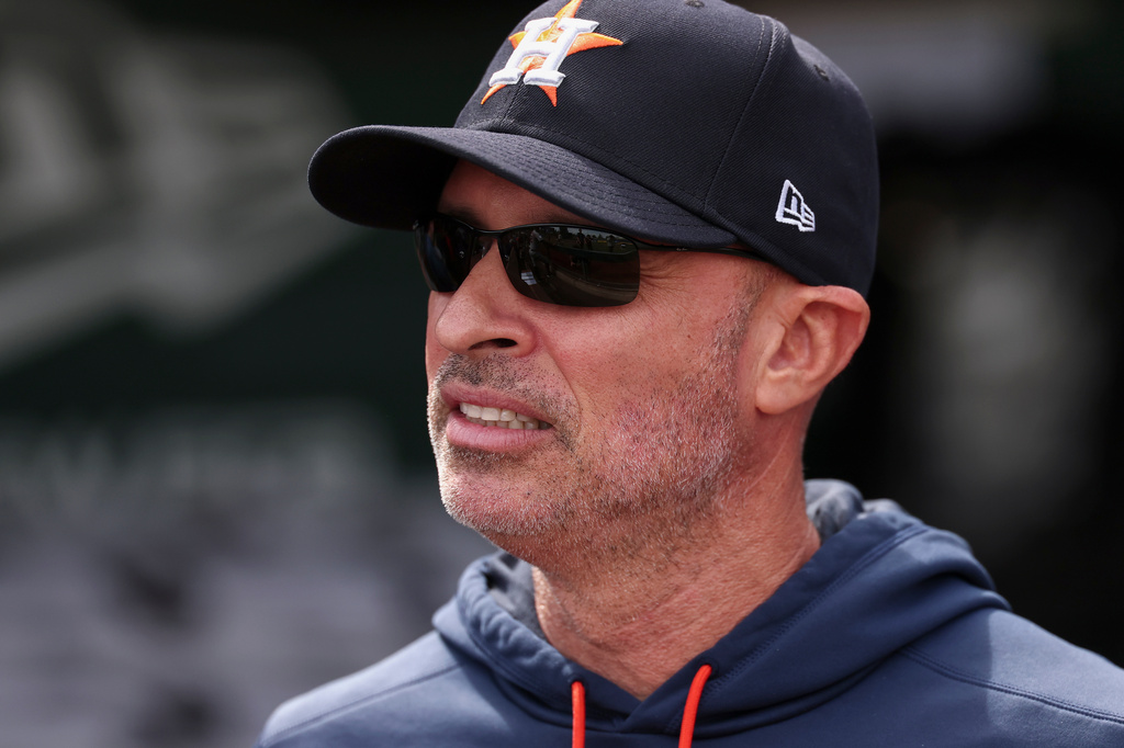 Houston Astros manager Joe Espada looks to the field before a baseball game against the Athletics, Sunday, Sept. 27, 2026, in West Sacramento, Calif. (AP Photo/Sara Nevis)