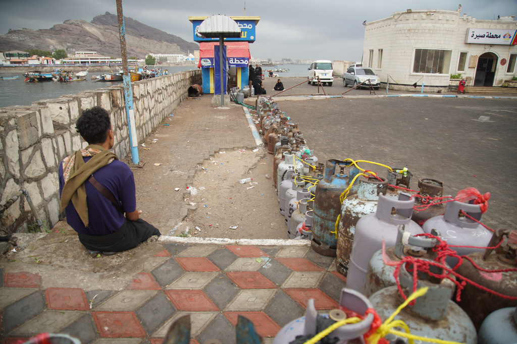 People fill their gas cans at a station in Aden, Yemen, Tuesday, Sept. 15, 2026. (AP Photo/Abdulnasser Alseddik)